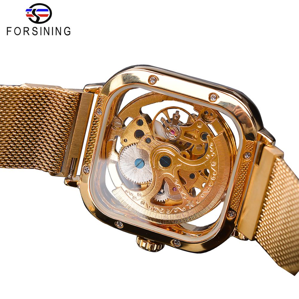 Mode Forsining Mannen Mechanische Horloges Automatische Self-Wind Golden Transparante Mesh Steel Horloge Skeleton Man Mannelijke Uur