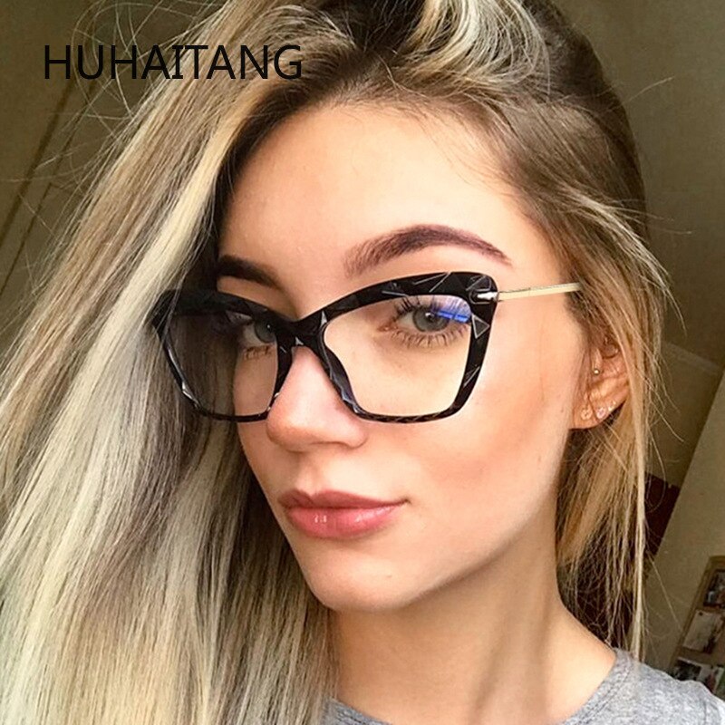 Huhaitangnew retro kattögon platt spegel händelse svart ansikte utan smink gelé färg glasögon fixering enhet