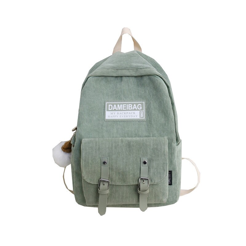 Stripe Corduroy Back Pack Women Cute School Bag Teenage Girls Backpack Harajuku Student Lady Book Bags With Pendant: Green