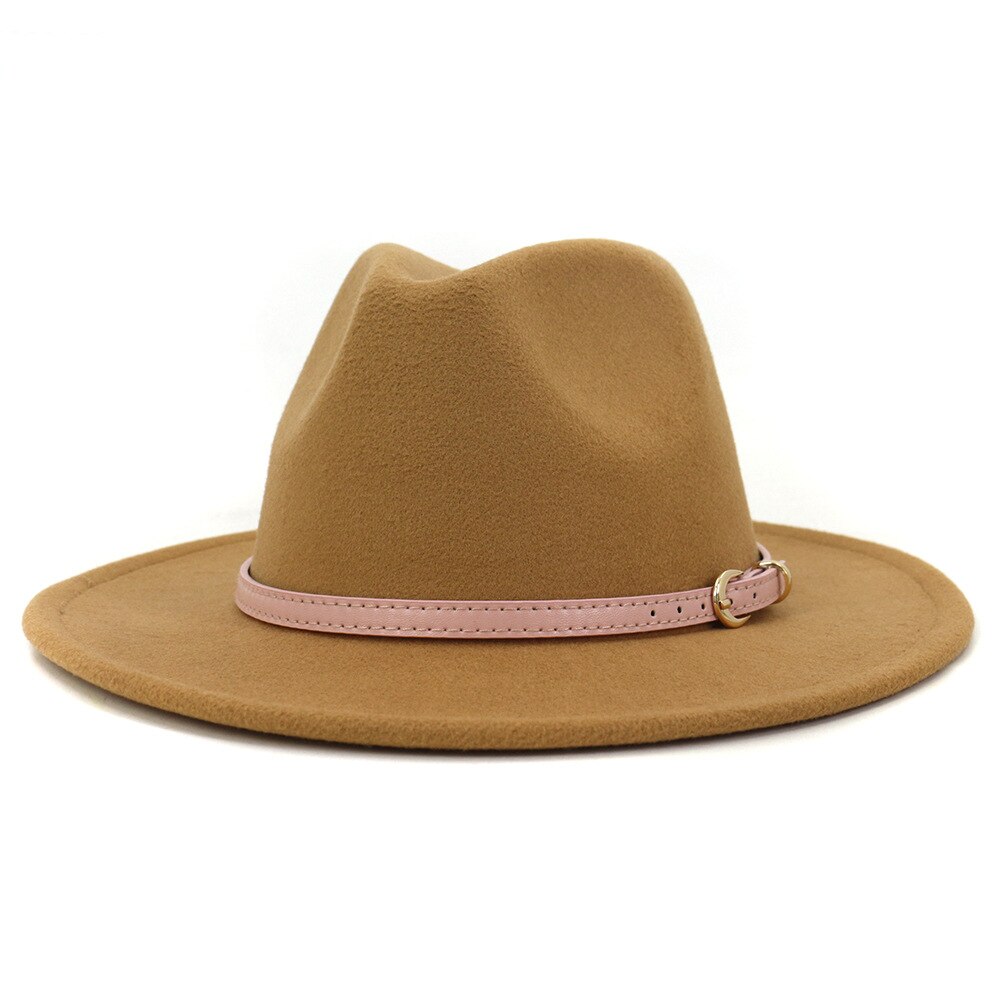 Fs roze vilten hoed winter fedora hoeden dames imitatie wol mix brede rand panama klassieke britse herfst dame jazz pet voor heren: Kameel