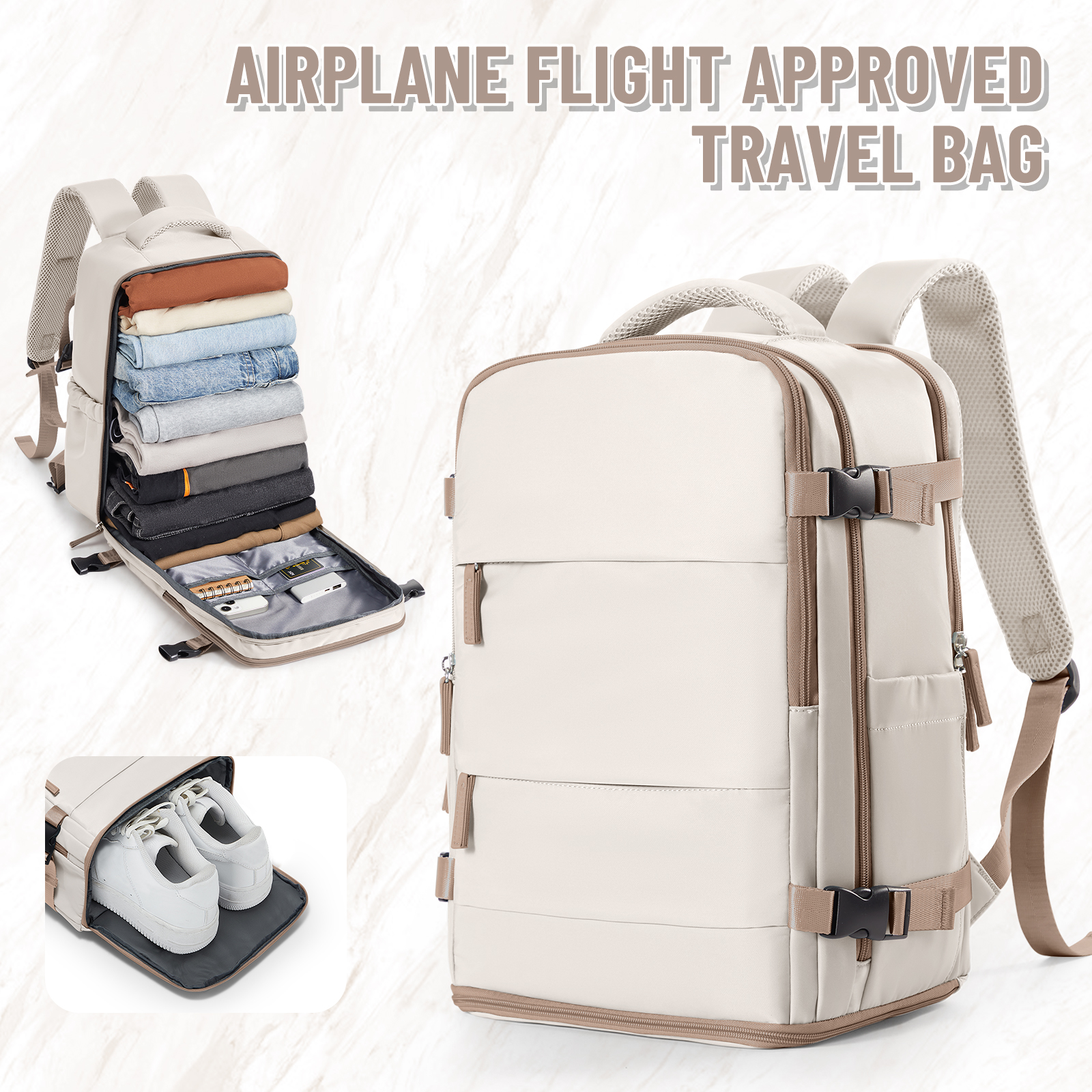 Travel Backpack for Women Men, Hand Luggage Backpack Business College Laptop Carry on Backpack Travel Cabin Airplane 40x20x25: Beige