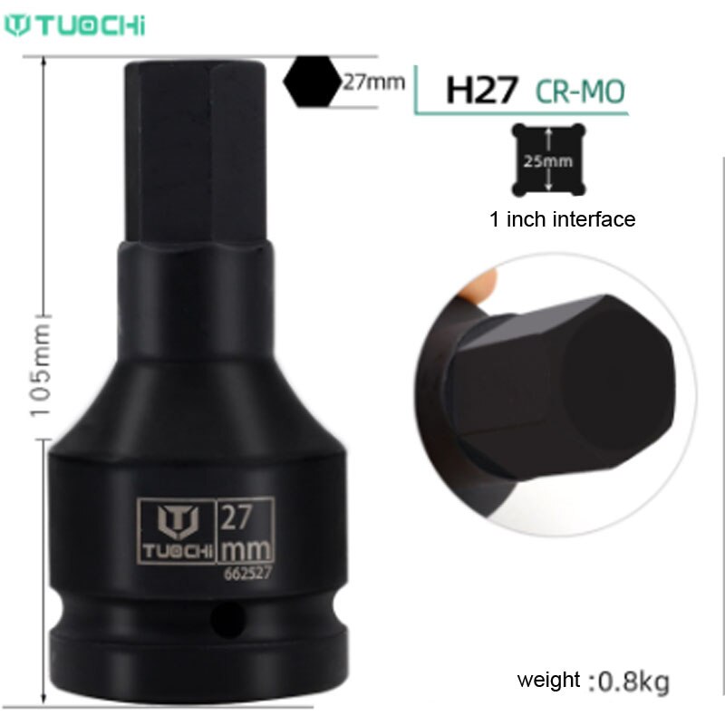 1PCS 1 inch Drive Impact Bit Socket CR-MO Heavy Hex Socket Bit Adapter 105mm Lenght Allen Key Wrench Head Pneumatic Socket Set: H27