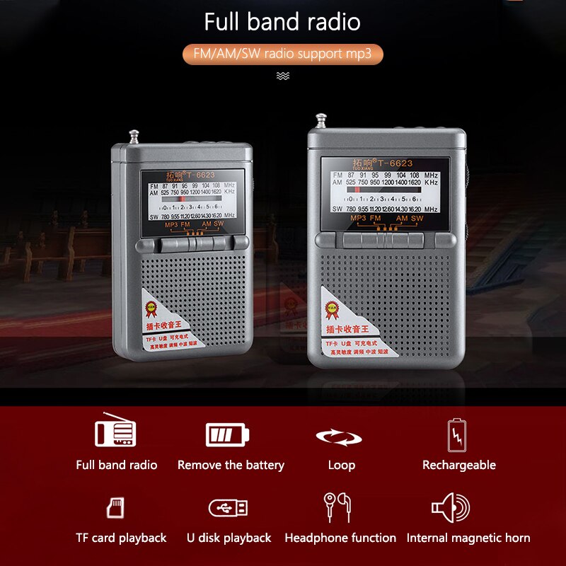 Volledige Band Radio Fm Am Sw Radio Wereld Ontvanger Met Display Luidspreker 88-108Mhz Ondersteuning Tf Card Hoofdtelefoon jack Mini Pocket Radio