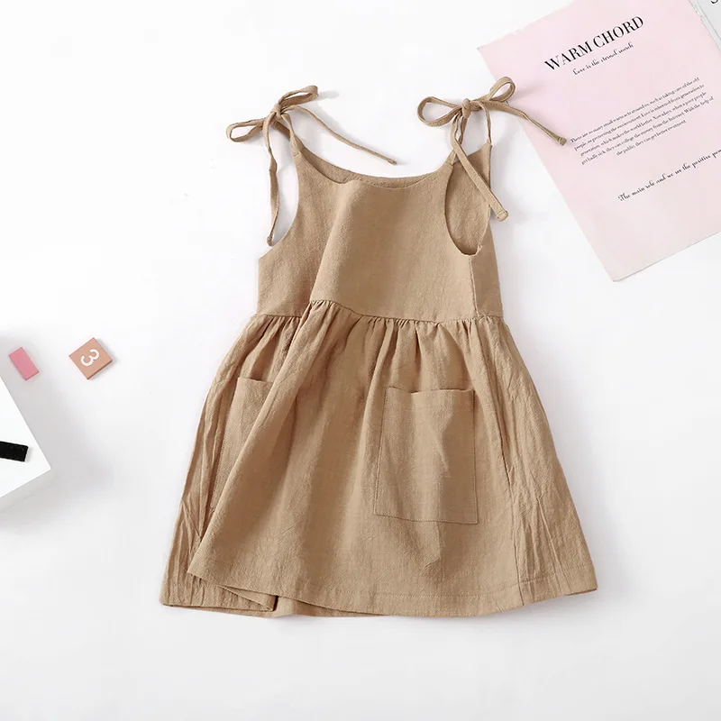 Abito estivo da bambina per bambina Abito da spiaggia per bambini in cotone senza maniche con tasca: Cachi / 2T