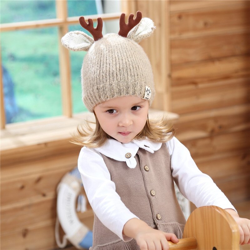 Gorrito de Reno para bebé, sombrero tejido al Crochet suave y cálido, de Navidad para niños y niñas: Khaki