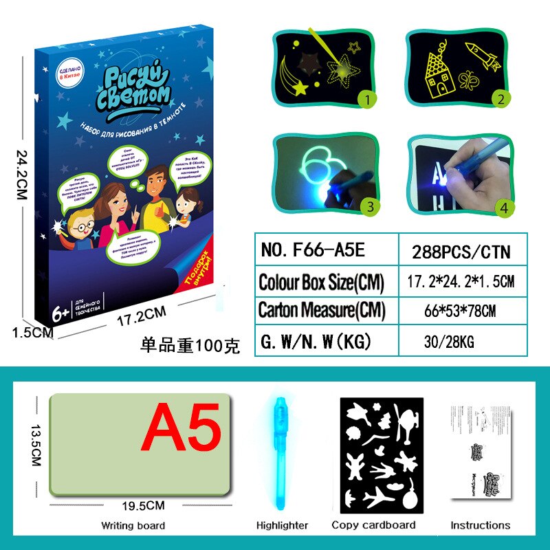 Tavolo da disegno luminoso magico tavoletta giocattolo per bambini disegna In Dark Magic Light-Fun penna fluorescente giocattolo educativo per bambini per bambini: A5 Russia