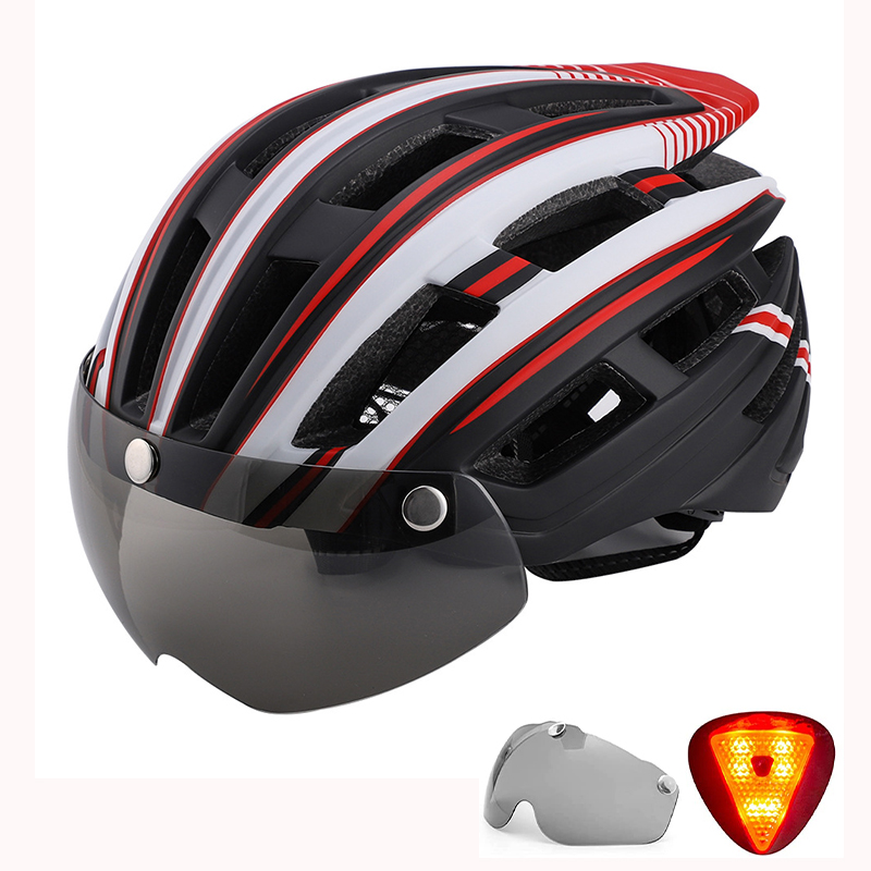Casco de bicicleta, casco de bicicleta con luz trasera y gafas magnéticas desmontables y mochila portátil Casco de ciclismo ligero ajustable para adultos Hombres Mujeres Montaña y carretera: Mix Red