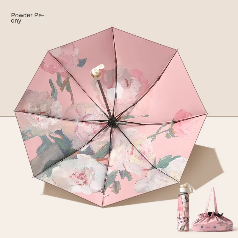 Folding Umbrella - 48-53cm Radius - Oil Painting Print - Anti-UV Sun Protection - Black Coating Fabric: Pink