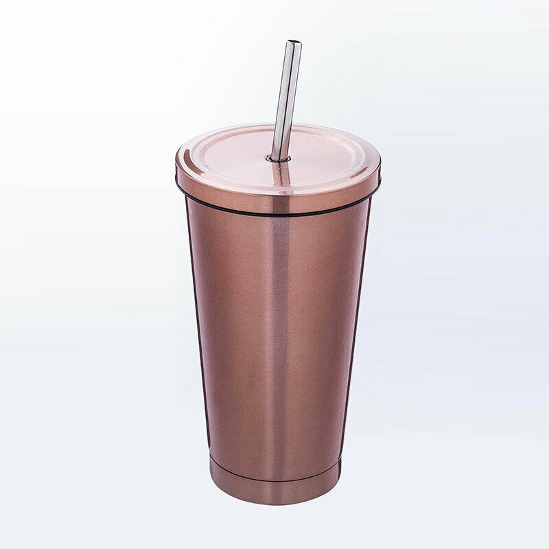 500ml moderne bærbart rustfrit stål krus rejse drikketumbler kaffekop med halm og betræk: Rose guld