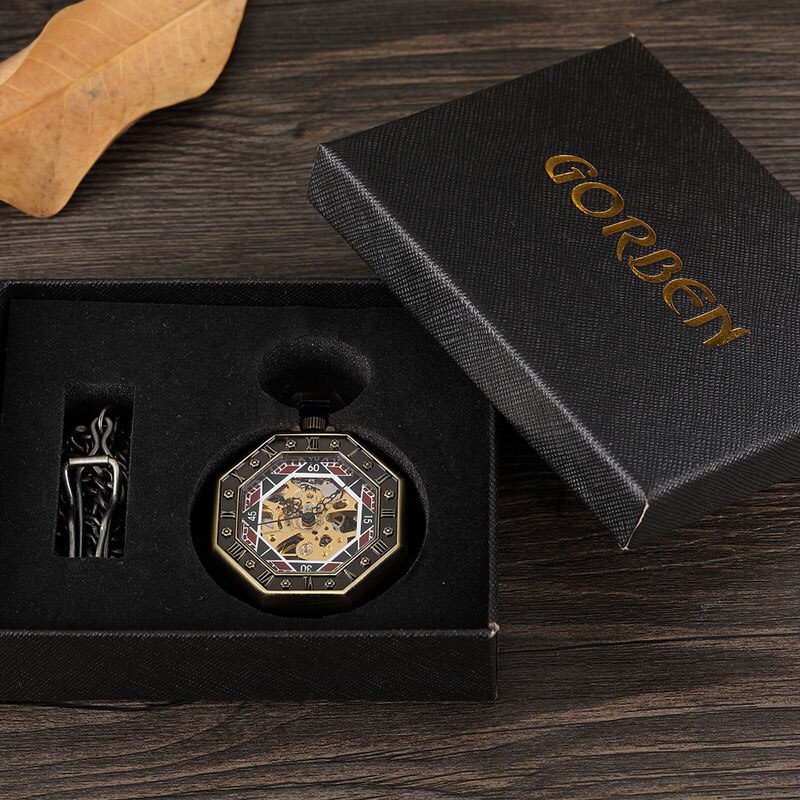 Vintage Brons Octagon Mannen Mechanische Zakhorloge Antieke Mannen Steampunk Romeinse Cijfers Hand Horloge Skeleton Vrouwen Met Ketting Box: bronze with box