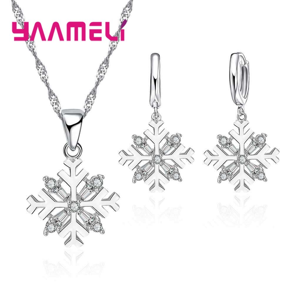 Yaamel Mode Sneeuwvlok Vorm 925 Sterling Zilveren Ketting Oorbellen Set Met Zirconia Vrouwen Vrouwelijke Sieraden Top