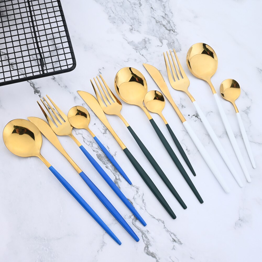 24pcs Cutlery Set Blue Silver Dinnerware Set Stainless Steel Silverware Knife Fork Spoon Tableware Flatware Set Dishwasher Safe