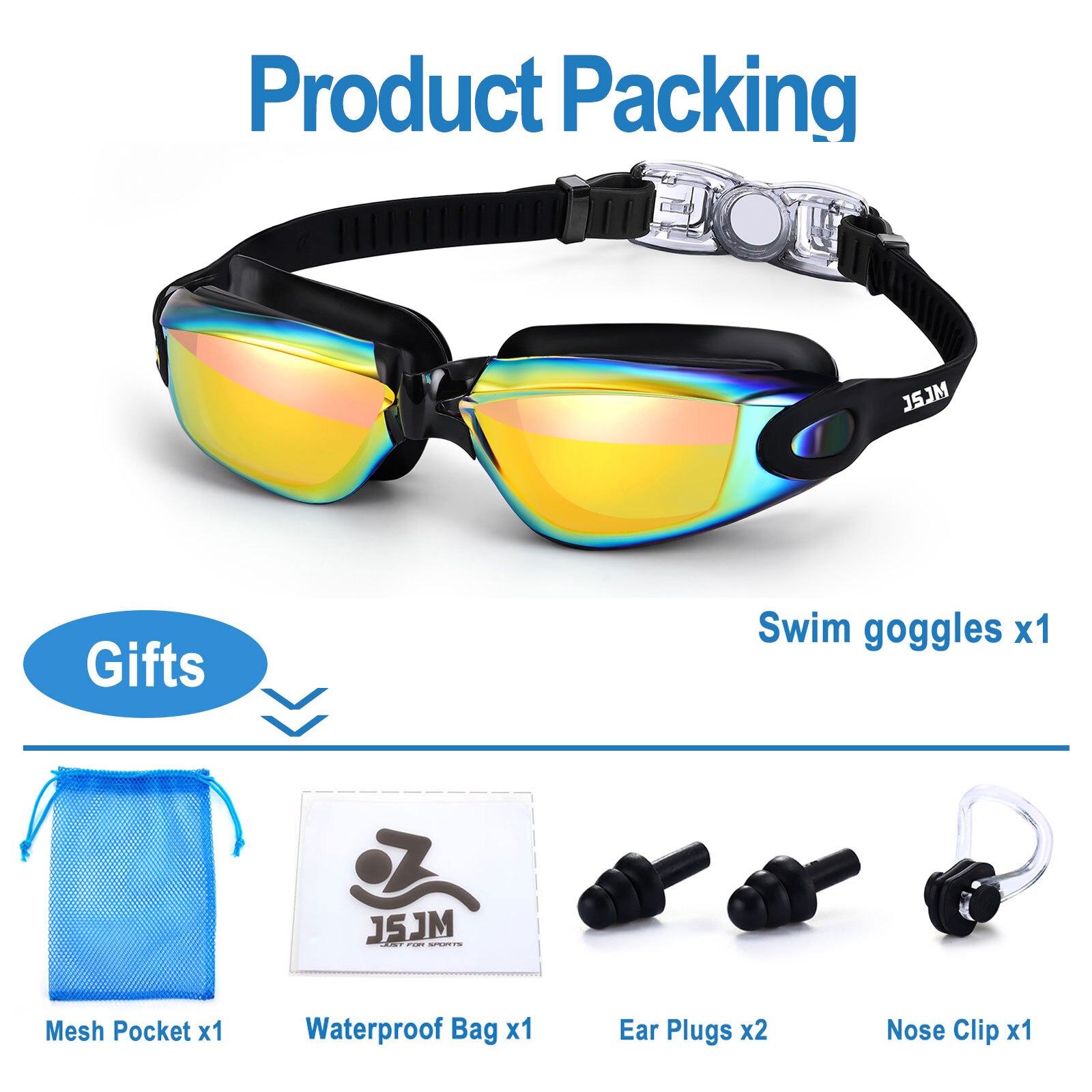 JSJM nowe profesjonalne wodoodporne poszycie wyczyść podwójne przeciwmgielne gogle pływackie anty-uv mężczyźni kobiety okulary pływackie silikonowe okulary: czarny-złoto