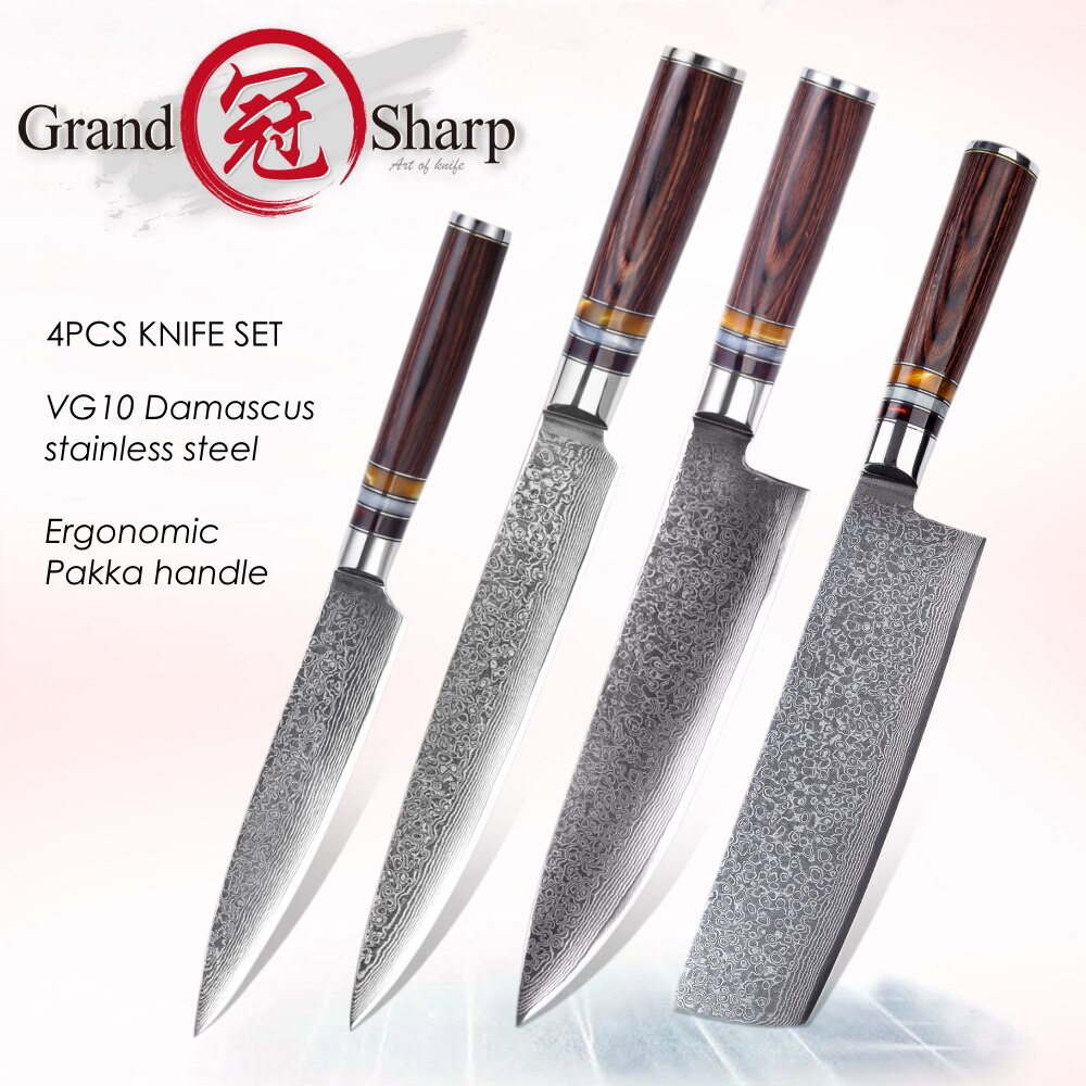 Grandsharp Damasco cuchillos de cocina 4 Uds Chef cuchillo Nakiri de corte de herramientas de cocina casera VG10 japonés de acero inoxidable