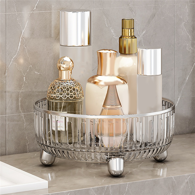 Organizador de maquillaje giratorio de A19F-360 grados para tocador, almacenamiento de cosméticos con compartimentos para perfumes duradero fácil de instalar blanco