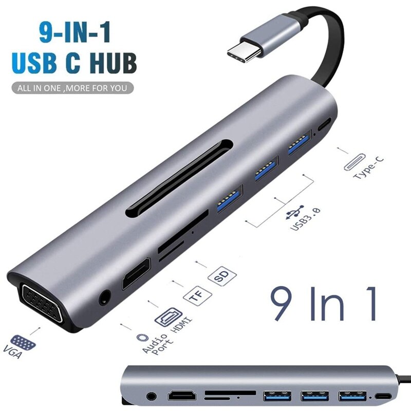Adaptateur multiport usb c hub 9 in en 1 avec alimentation pd ,  , 4k sorties hdmi, , 3 ports usb 3.0 , lecteur de carte, vga, port o