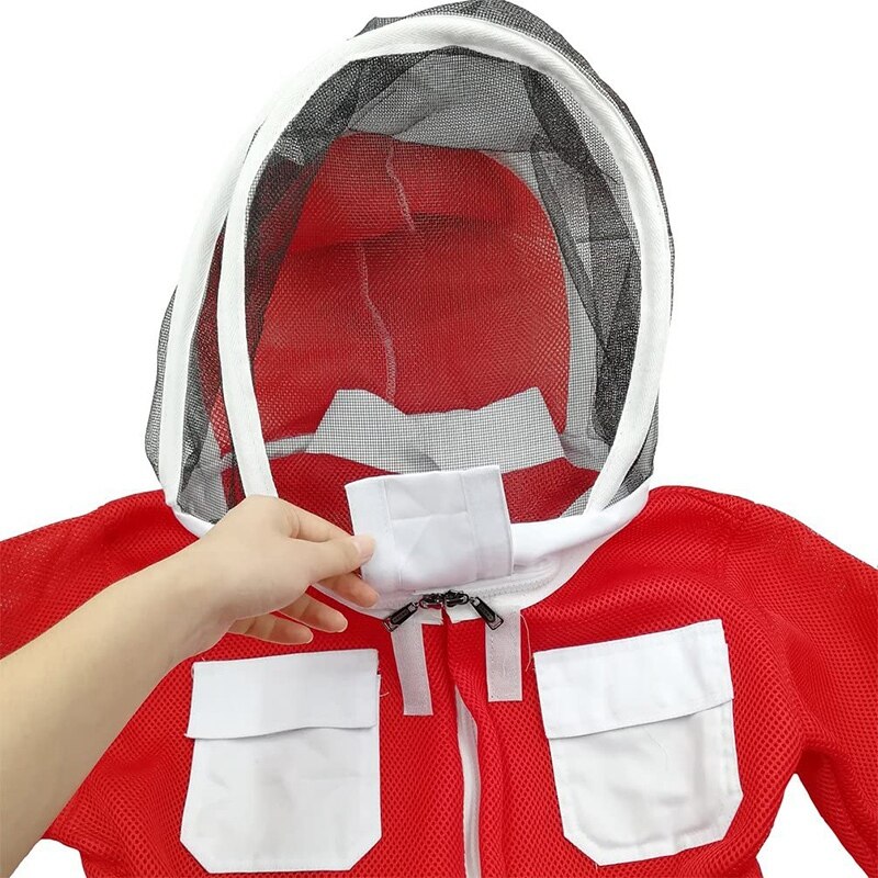 Children's Full-Body Ventilated Bee Suit-Cotton Red White Beekeeper Overalls with Automatic Veil Cover (120cm Height)