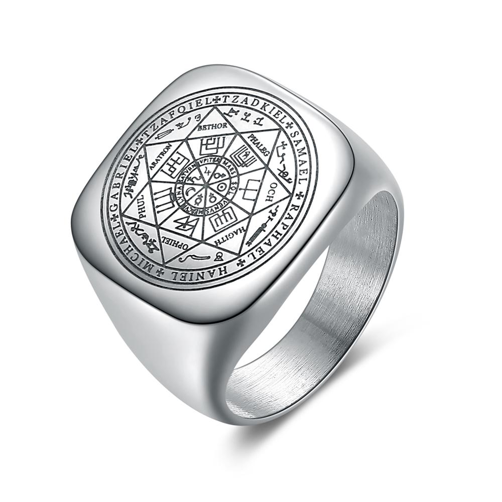 Solomon ringe til mænd sølvfarve magiske runer rustfrit stål signetringe hedenske amulet mandlige smykker