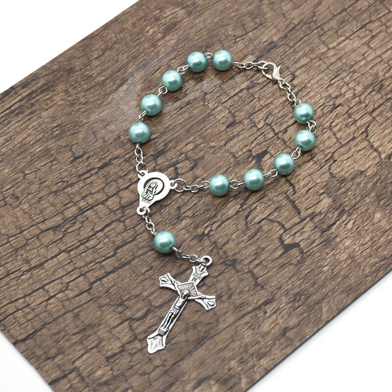 Lichtblauw Imitatie Parel Rozenkrans Armband Katholieke Jesus Cross Hangers Virgin Dame Van Guadalupe Armbanden Voor Vrouwen Sieraden