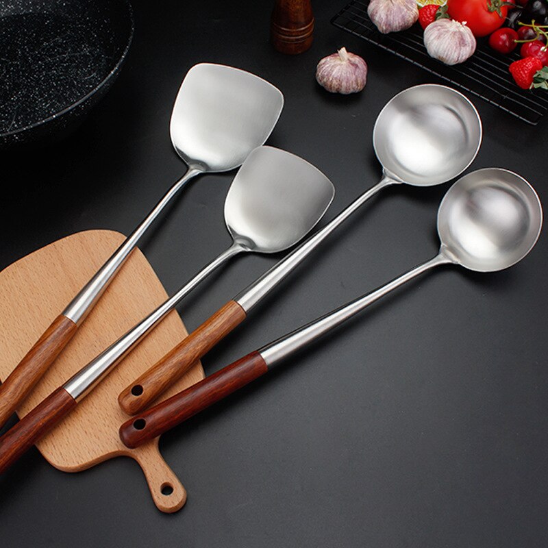 304 Stainless Steel spatula spoon with wooden handle lengthened cooking spoon anti-scalding cooking shovel kitchenware