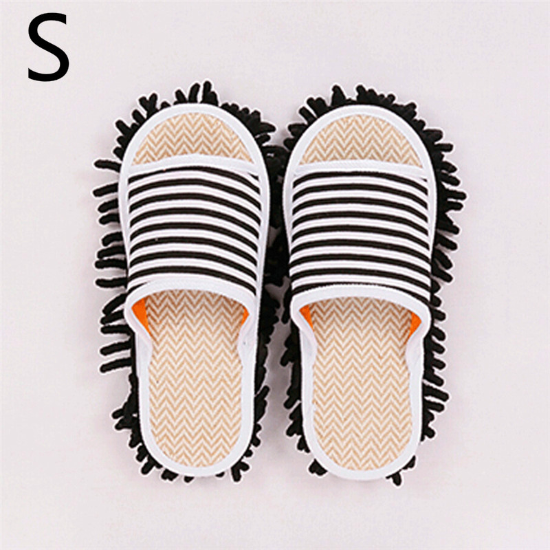 1 par de zapatillas de suelo para limpieza de pies, zapatillas mopa para casa perezosa, chanclas para el hogar, herramientas de limpieza: Black Stripe S