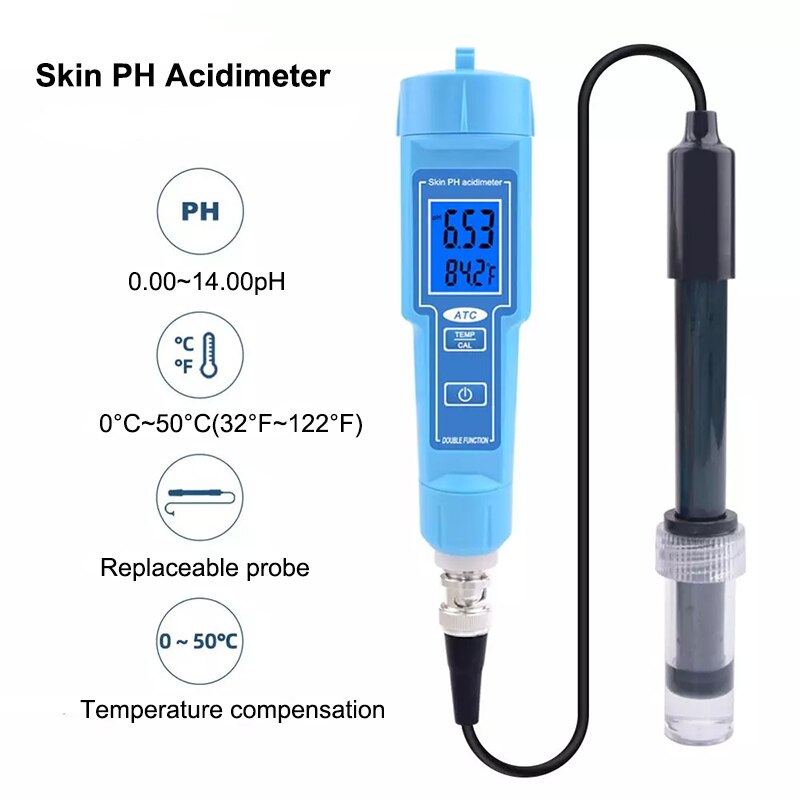 Digital Skin PH Meter Pen Type Acidimeter Automatic Calibration Backlight Display Replaceable BNC Probe 2 in 1 PH TEMP Tester