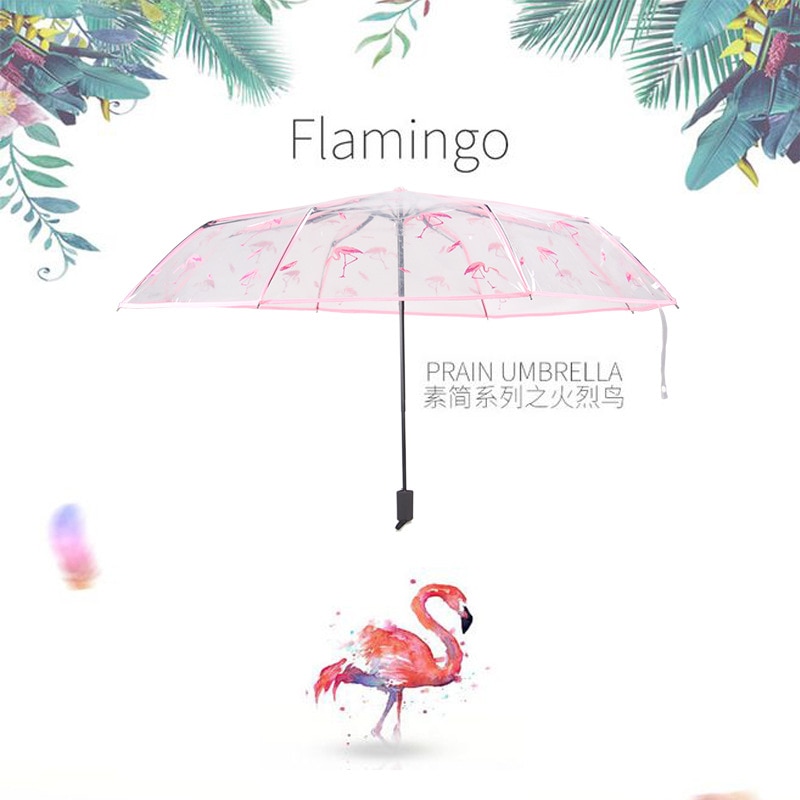 Draagbare Dame Paraplu Opvouwbare Paraplu Transparant Automatische Paraplu Cartoon Flamingo Paraplu Sunny Rain Paraplu