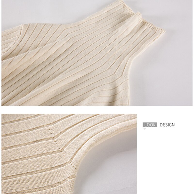 Womens coltrui 100% Merino wol gebreide trui lange mouw effen gebreide truien, Beige, S