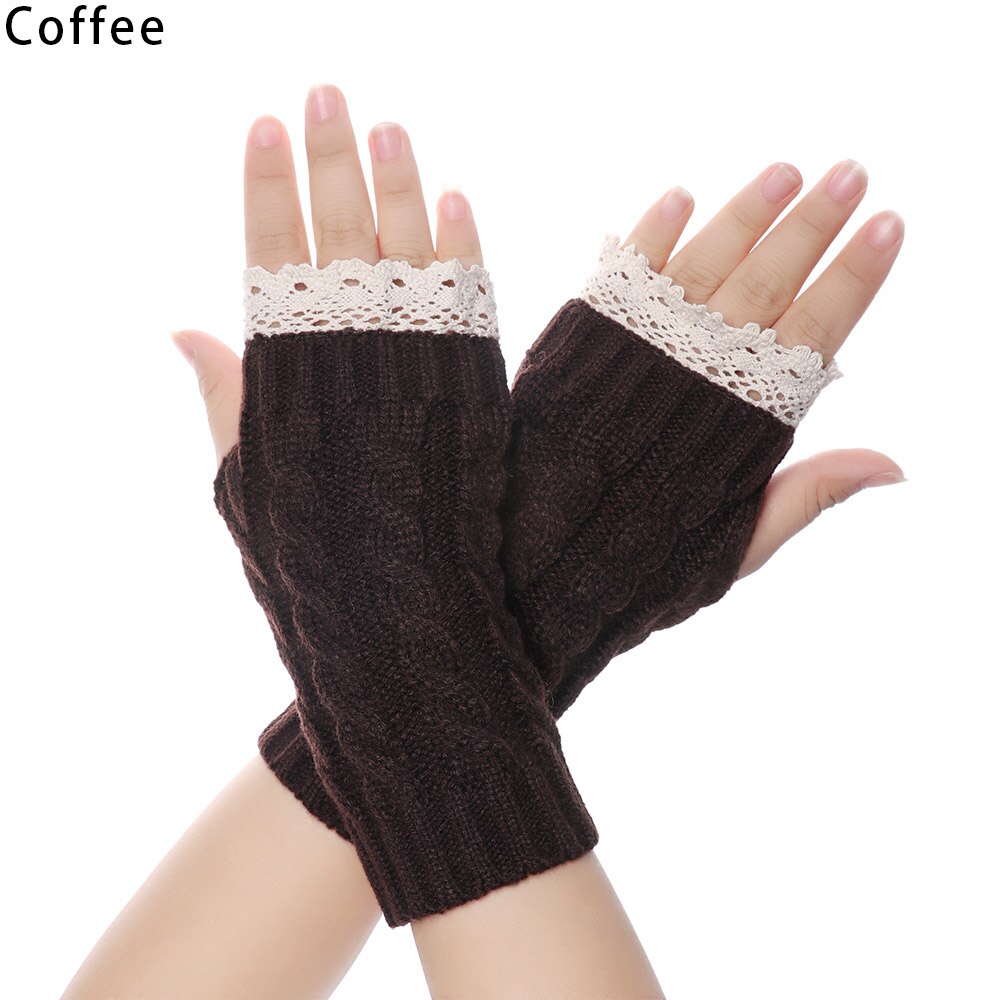 Lange fingerløse strikkede handsker kvinder vinter uldne bløde varme vanter piger blonder strikke fingerhandsker guantes: Kaffe