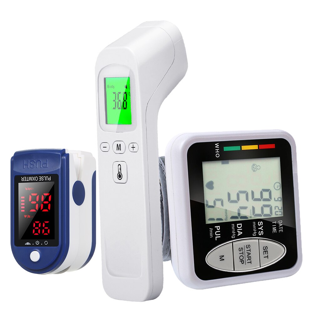 Oximeter Finger Oximetry Heart Rate Monitor + Infrared Digital Thermometer + Blood Pressure Wrist Automatic Tonometer