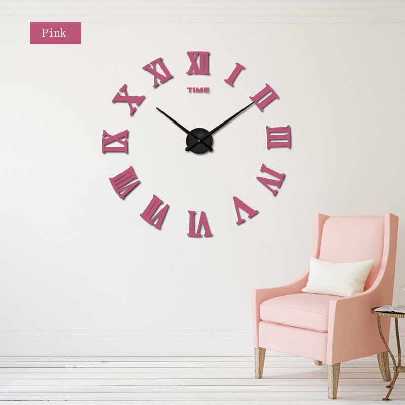 Muhsein Europese Stijl Diy Wandklok Moderne Romeinse Cijfers Klokken Grote Maat Muursticker Horloge Unieke Woondecoratie: Pink / 37 INCH