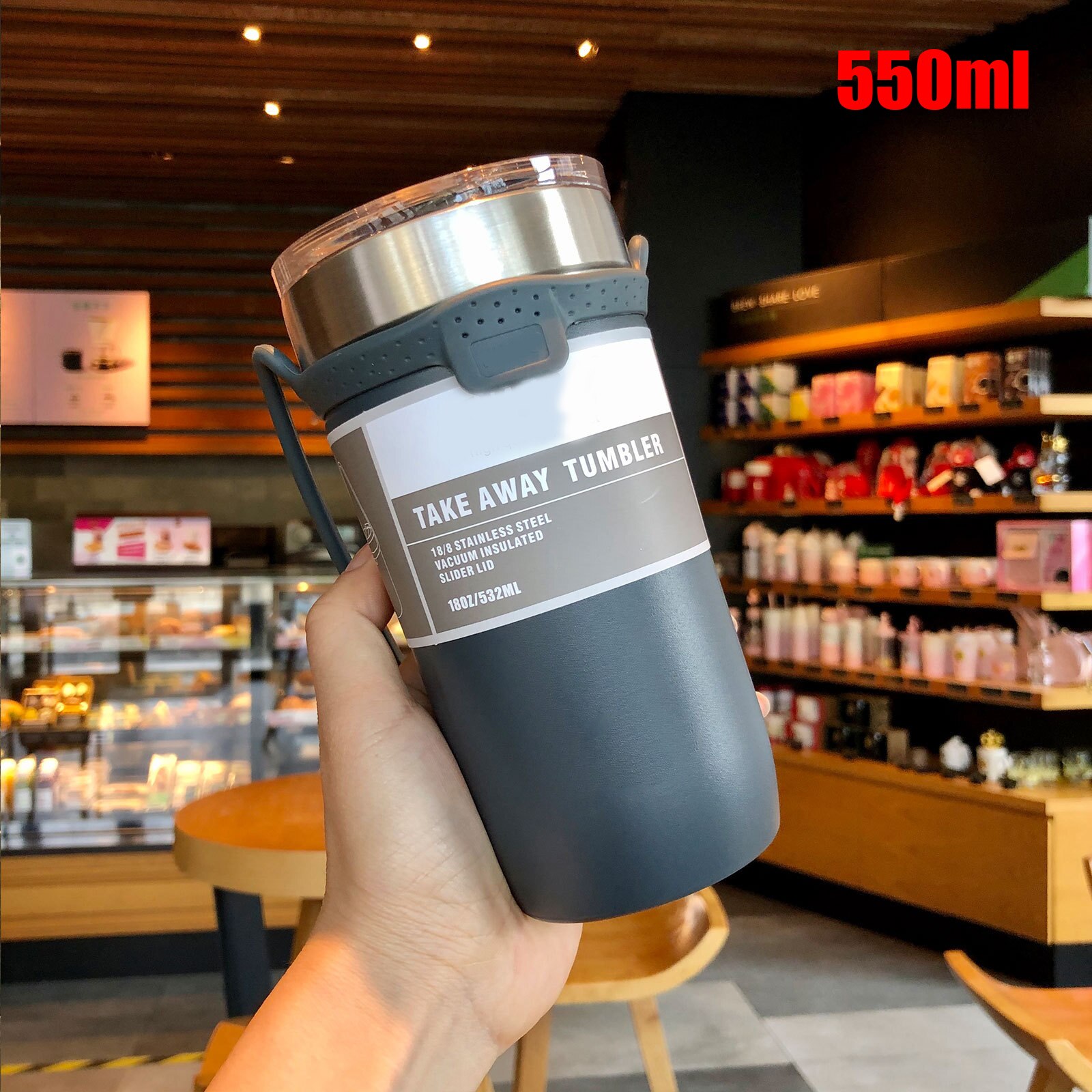 Portable Vacuum Flask Stainless Steel Water Cup Personality Large-Capacity Coffee Cup JU8: 550ml navy blue