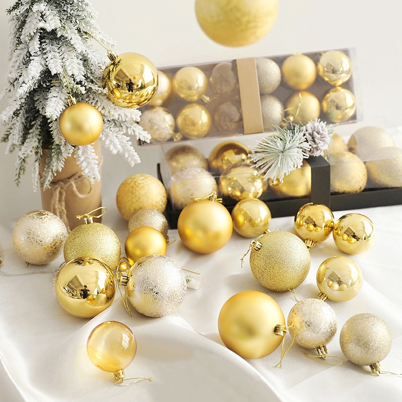 Boules de noël pour décoration de maison, 34 pièces mélangées, pendentifs en plastique, or et argent, fournitures de noël