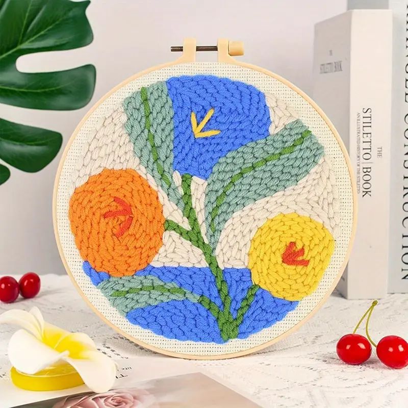 punch needle embroidery kits Flower Pattern Simple Craft Easy for adult beginners yarn painting punch needle Diy Set: Burgundy