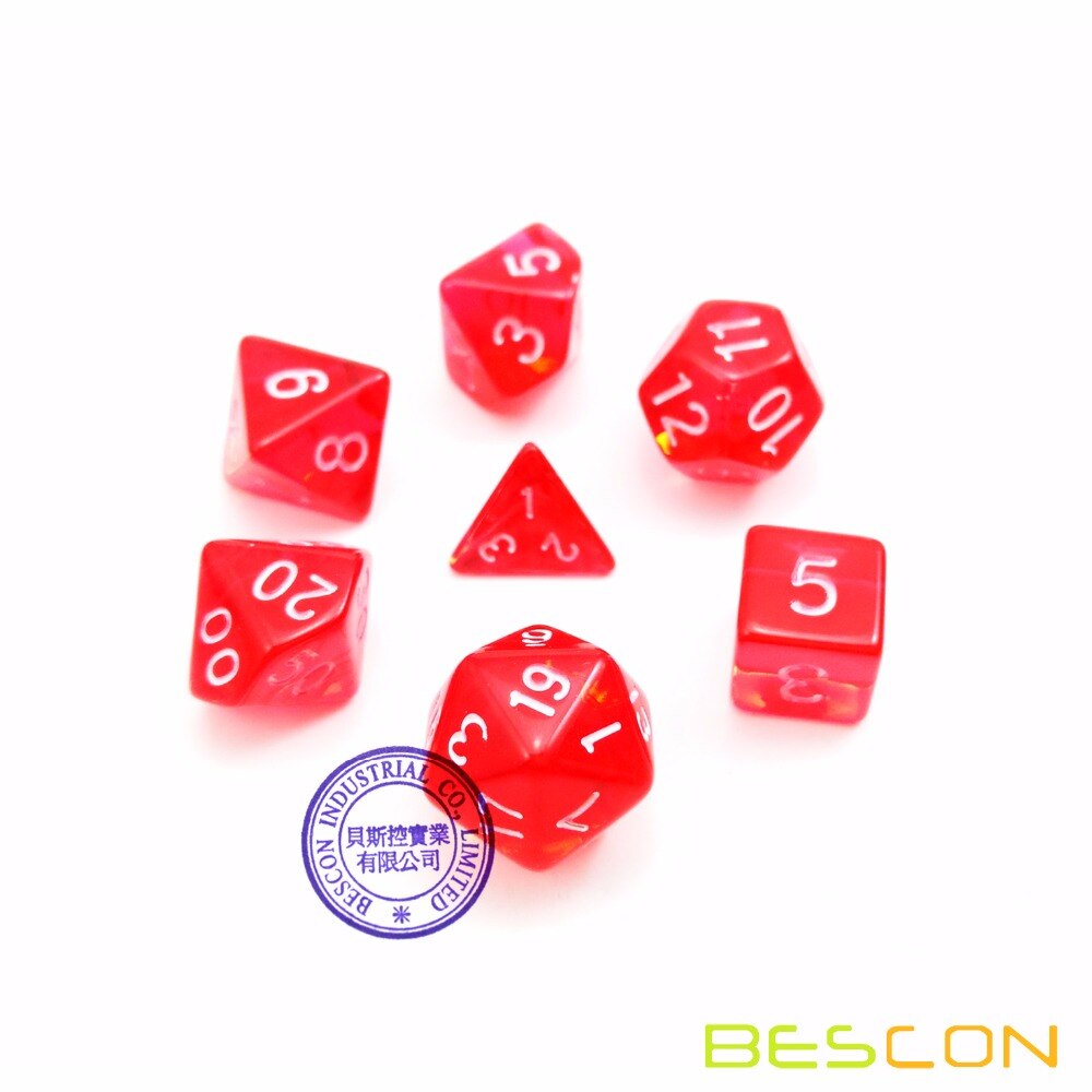 Bescon Mini Doorschijnende Polyhedral Rpg Dobbelstenen Set 10 Mm, kleine Rpg Rol Playing Game Dobbelstenen Set D4-D20 In Buis, Transparant Rood