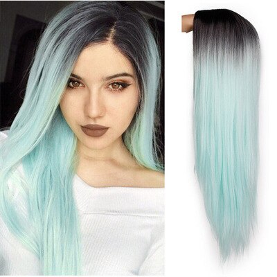 Grillige W Lange Rechte Zwarte Pruiken Voor Vrouwen Zwart Blond Natuurlijke Middelste Deel Hittebestendige Haar Synthetische Pruik: black mint green