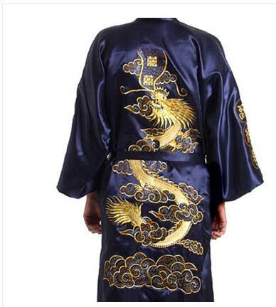 Azjatyckich mężczyzn satyna szata rękojeść wanna suknia chińnarty męska satyna jedwabny szlafrok smok rękojeść japonia kimono wanna suknia rozmiar M L XL XXL: marynarka wojenna niebieski / XXL