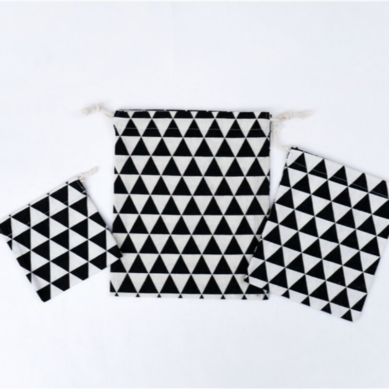 3Size Japanese Style Printed Drawstring Bag Draw Pocket Storage Geometric Black Triangle Pattern Farmhouse Style Sack Fabric Bag