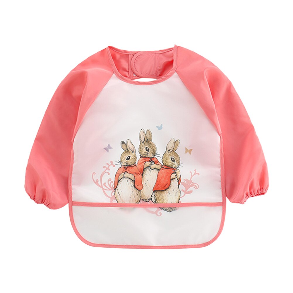 Cute Cartoon Baby Bibs Environmental Protection and Durability Waterproof Full Sleeve Paint Coverall Feeding Burp Apron: Rabbit-Pink