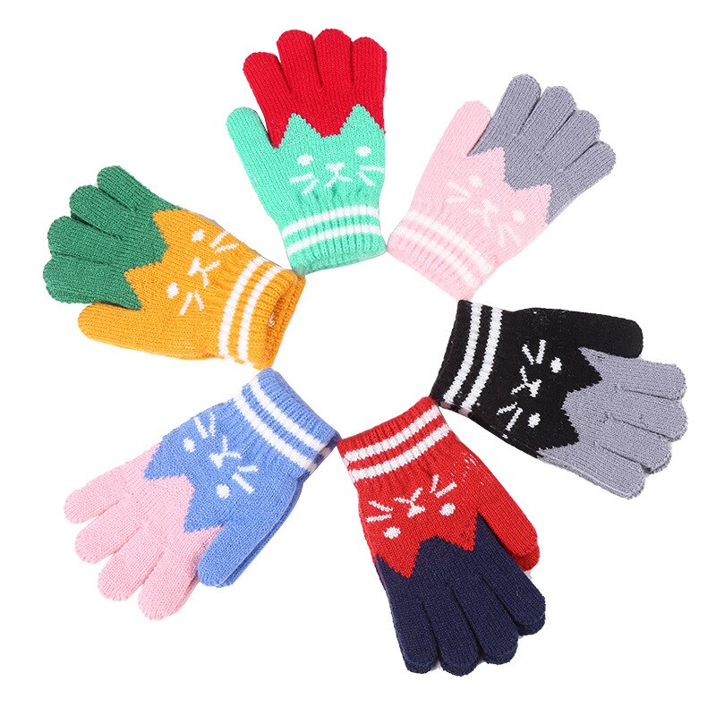 1 Pair Cat Splice Mittens Winter Baby Boys Girls Knitted Gloves Warm Rope Full Finger Mittens Gloves for Children Toddler Kids