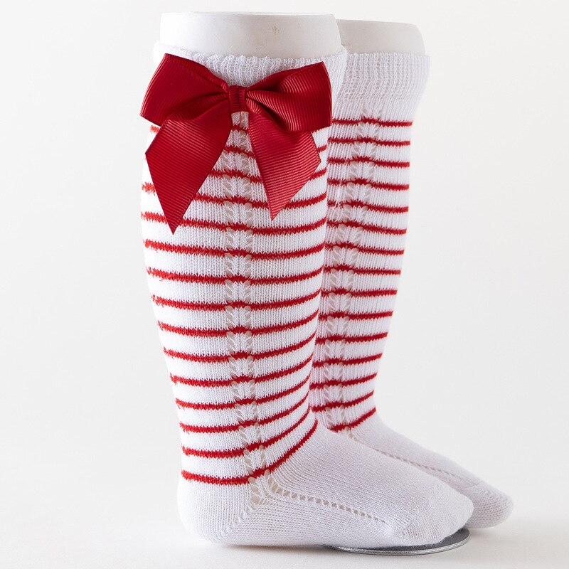 Streep Bowkot Baby Sokken Herfst Winter Soft Warm Kids Hoge Sokken Elastische Katoenen Baby Meisje Jongen Sokken Baby Voet Accessoires: 2
