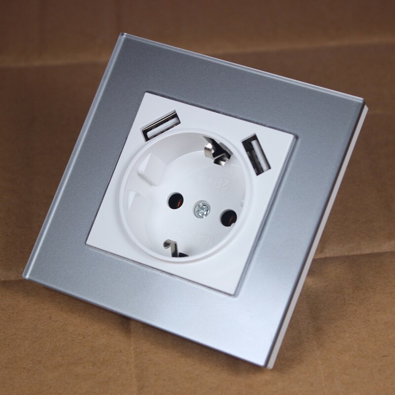 USB wall socket with Grey Acrylic panel wall outlet with double USB 5V2A EU standard A8: grey color