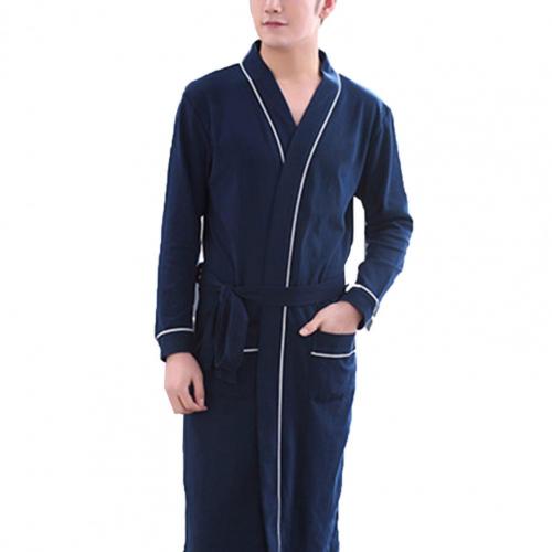 Casual Men Soft Color Block Pockets Long Sleeve Bath Robe Home Gown Sleepwear: Blue / XL