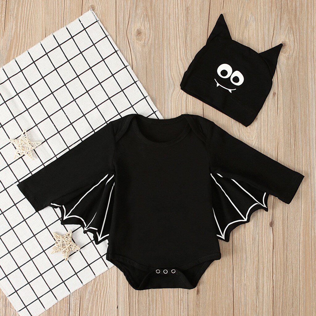 Baby Halloween Langarm Kleidung Neugeborenen Jungen Mädchen Halloween Cosplay Fledermaus Kostüm Strampler Hut Outfits Set Neue Stil Strampler @ 45