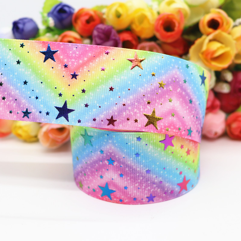 10 Yards 1.5 "38MM brillant arc-en-ciel or étoile imprimé ruban gros-grain pour cheveux nœuds bricolage artisanat accessoires faits à la main M19090201