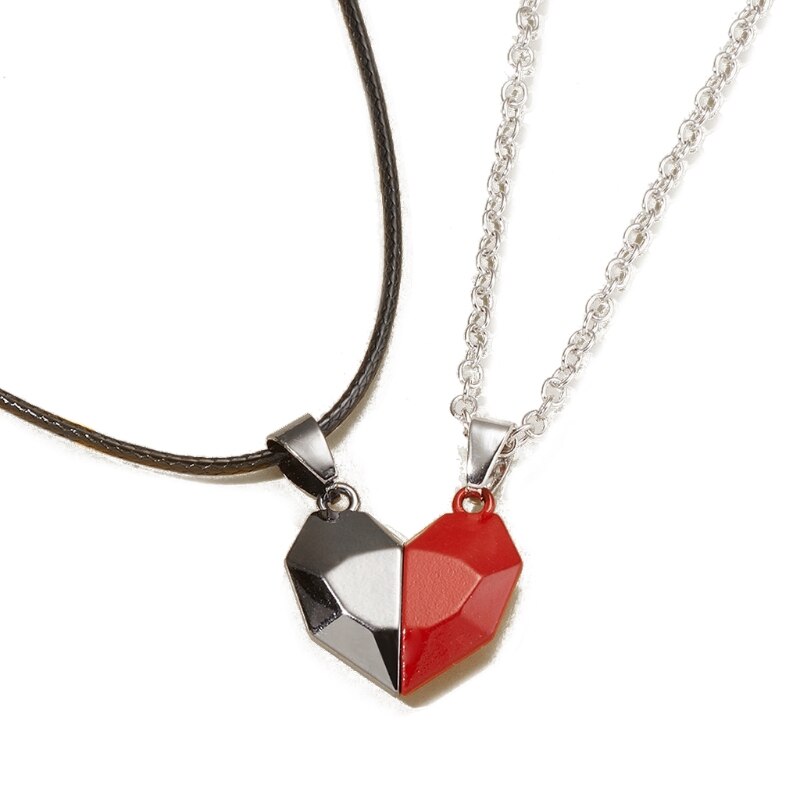 2Pcs Minimalist Lovers Matching Friendship Heart Pendant Couple Magnetic Distance Faceted Heart Pendant Necklace Jewelry