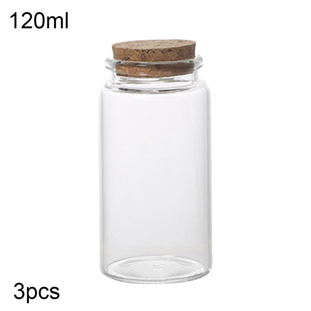 3Pcs 50/60/90/100/120/150ml Transparent Cork Stopper Glass Bottles Jar Vials: 120ml