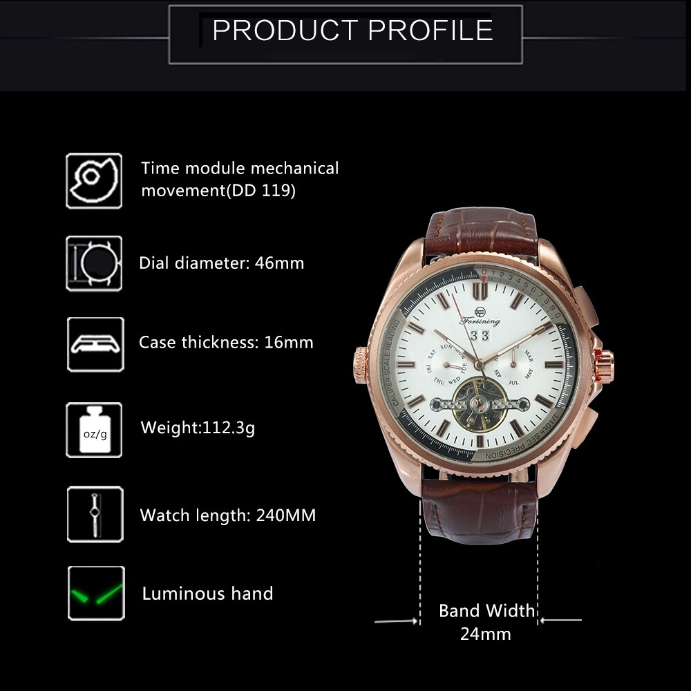 Forsining Luxe Top Brand Mannen Mechanische Automatische Horloge Man Tourbillon Horloge Kalender Datum Lichtgevende Handen Sub-Wijzerplaten + Box