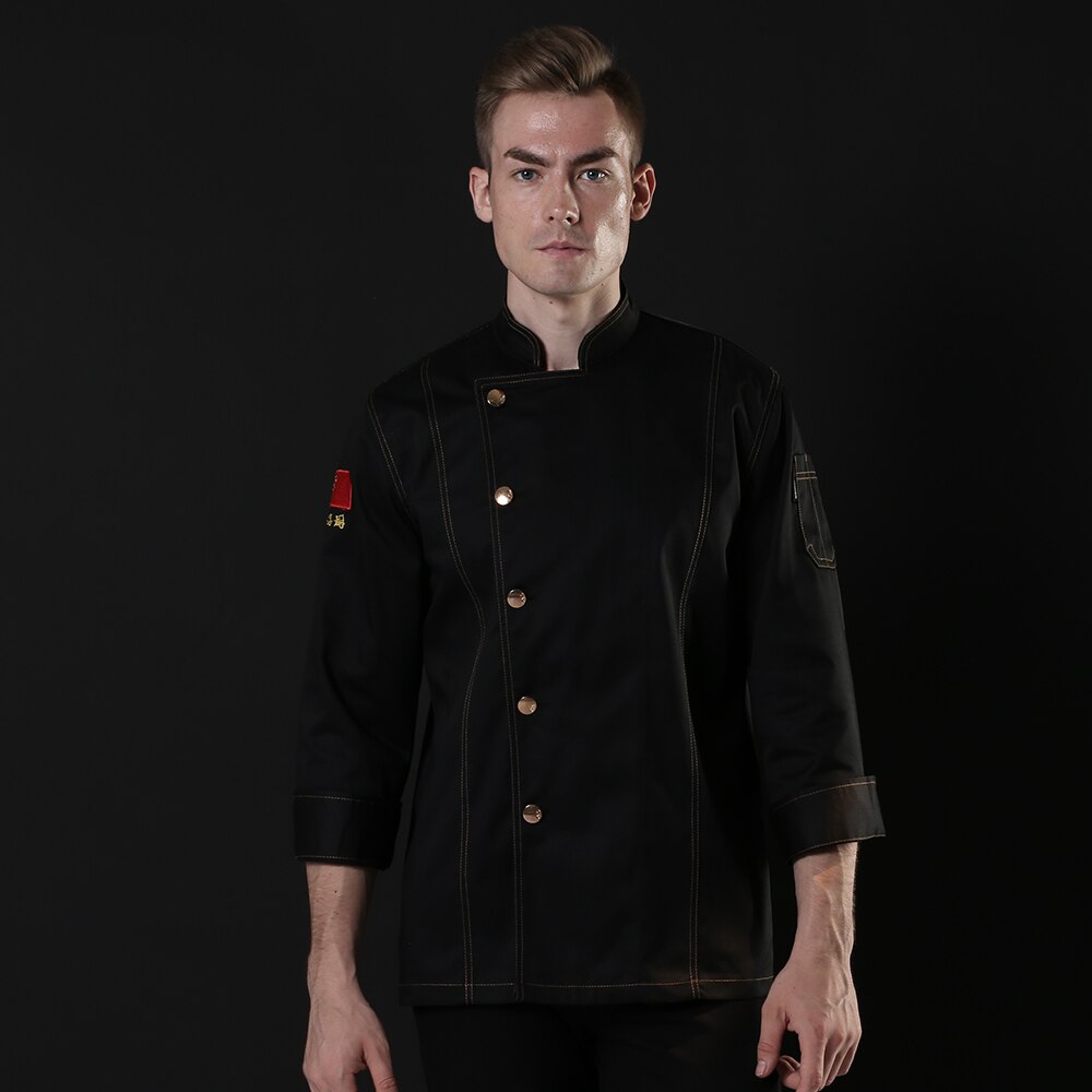 unisex Chef clothes Coffee shop kitchen bakery catering chef breathable chef jacket long sleeve Caterer Waiter uniform: Black chef suit / XXXL