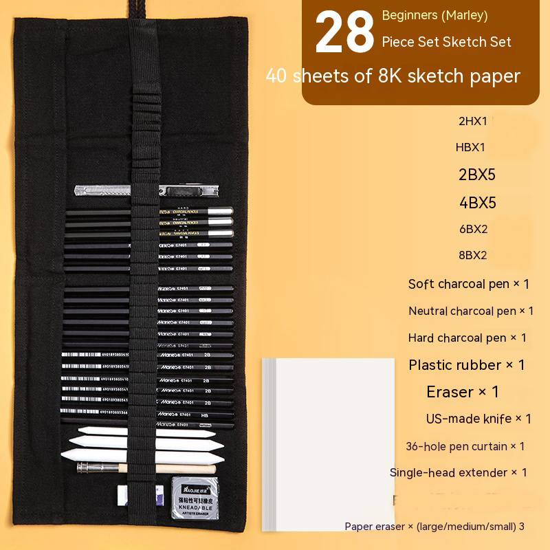 28/38/44 pcs Sketch Pencils Set Roll Up Canvas Wrap Sketching Pencil Bag Case Art Drawing Supplies Charcoals Kneaded Eraser Kit